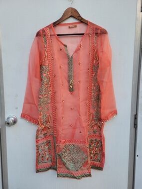 Coral Embroidered Sheer Tunic Top